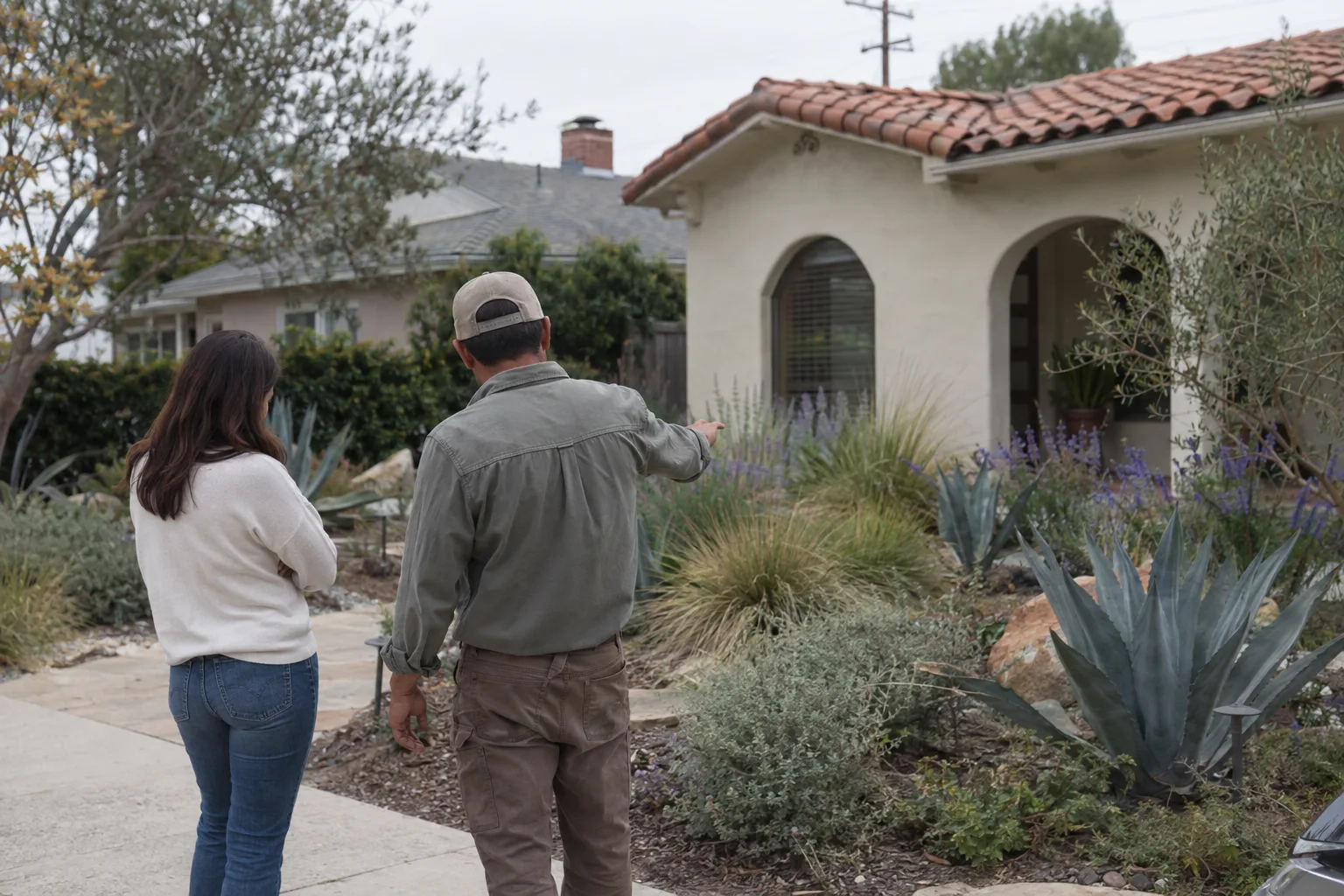 Crew lead and homeowner standing together in a sunny Los Angeles front yard, gesturing toward established drought-tolerant garden beds beside a stucco home with terracotta roof tiles