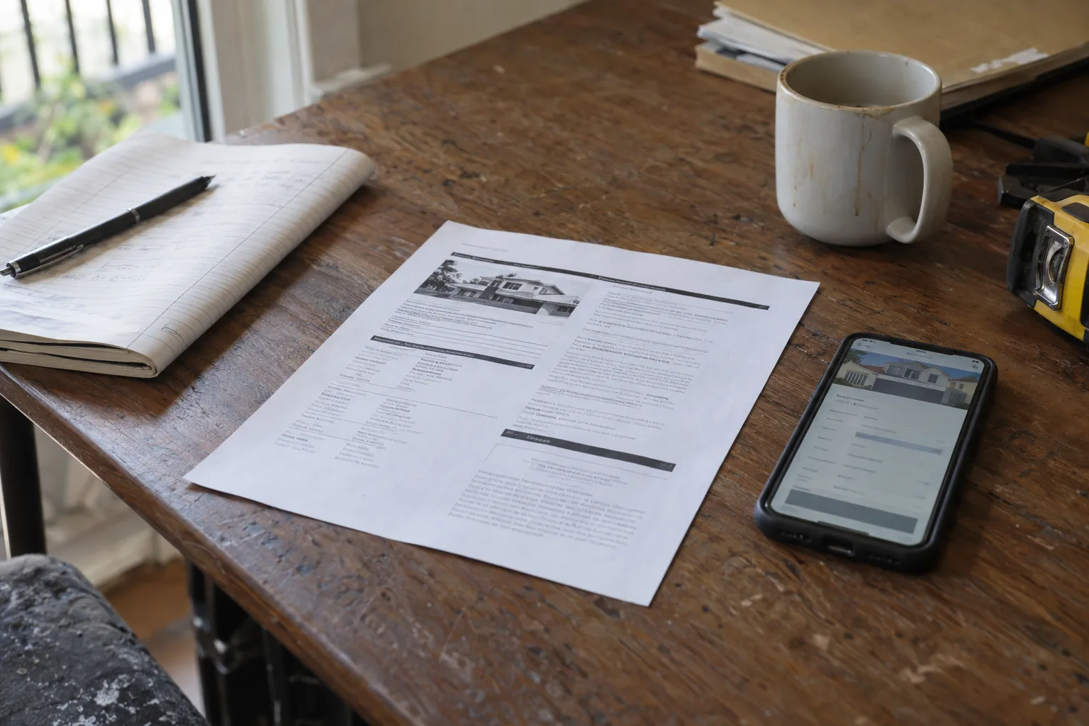 A printed contractor licence document and open notebook beside a smartphone on a wooden table in soft morning window light