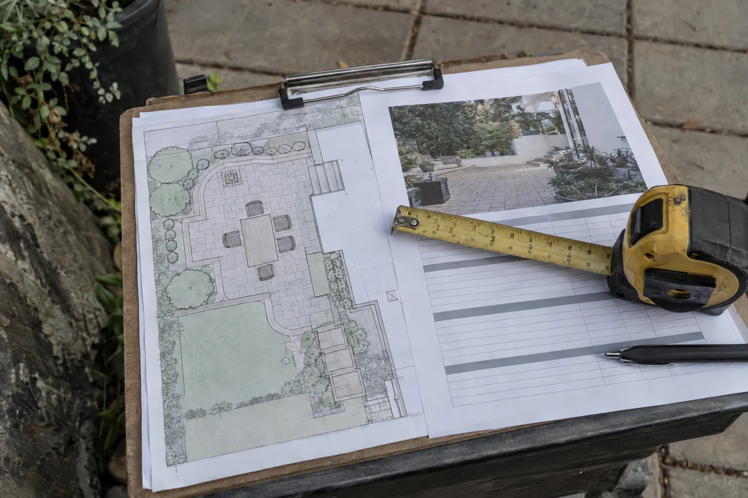 A contractor's estimate clipboard with a tape measure resting on it, set against the edge of a concrete paver patio, photographed from overhead in natural daylight
