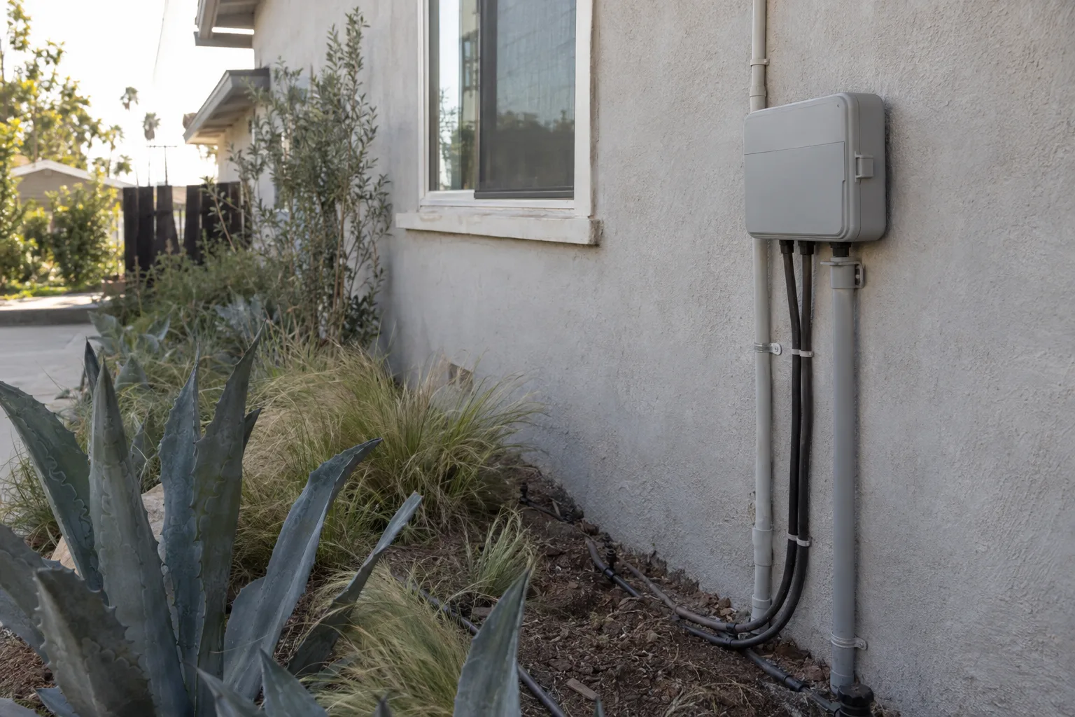 A smart irrigation controller mounted on a stucco exterior wall with drip lines running into a drought-tolerant garden bed containing agave and ornamental grasses, in warm Los Angeles afternoon light
