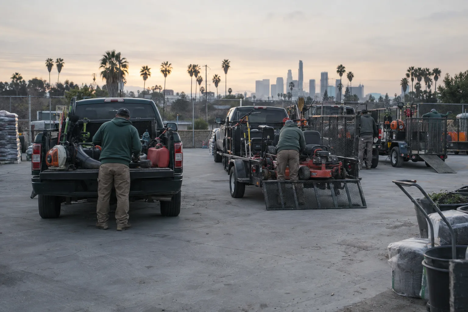 Landscaping crew loading equipment onto trailers in a commercial yard at dawn, with pickup trucks lined in a row and palm trees silhouetted against a pale Los Angeles morning sky