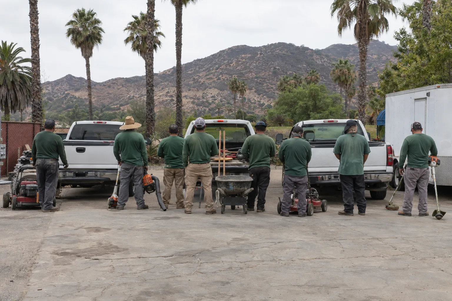 A row of three white pickup trucks and a utility trailer parked on a sunny concrete lot in Los Angeles, with a group of landscaping crew members standing backs-to-camera alongside staged mowers and equipment, palm trees and a dry hillside visible in the background.