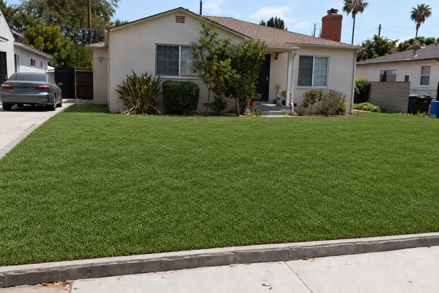 The same Los Angeles stucco home front yard now fully covered with clean, evenly installed artificial turf with crisp edges along the curb and foundation, photographed from the same sidewalk-level angle as the before image