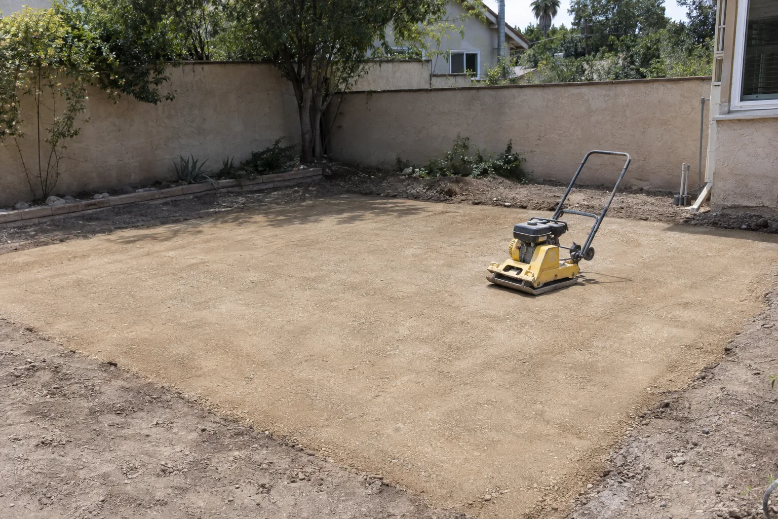A plate compactor resting on a smooth, freshly graded decomposed-granite base layer inside a prepared residential yard in Los Angeles, bordered by dry soil and a stucco wall.