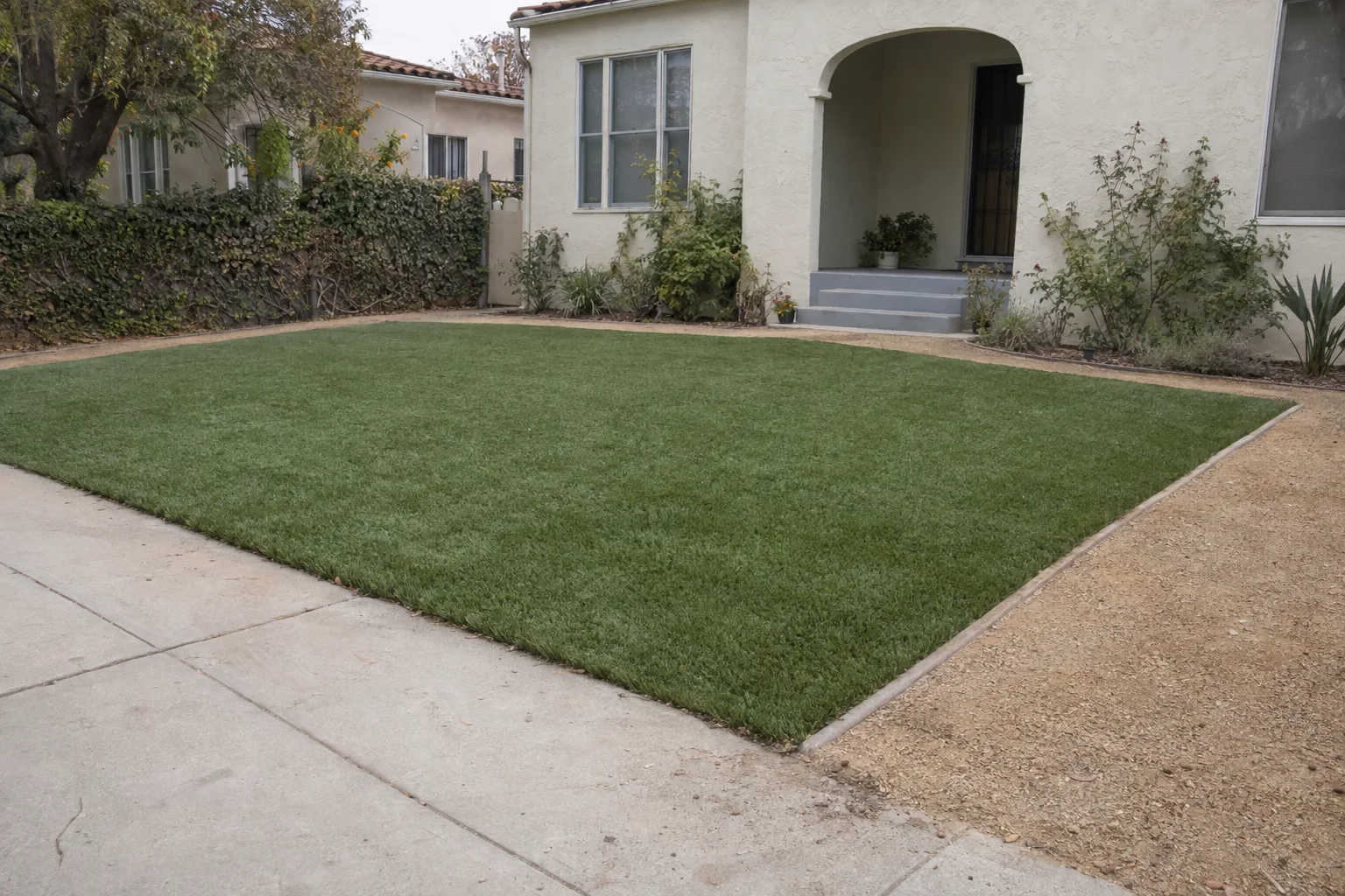 A finished artificial turf lawn in a Los Angeles front yard with clean edges along a concrete walkway, stucco house in the background, and bright California morning light.