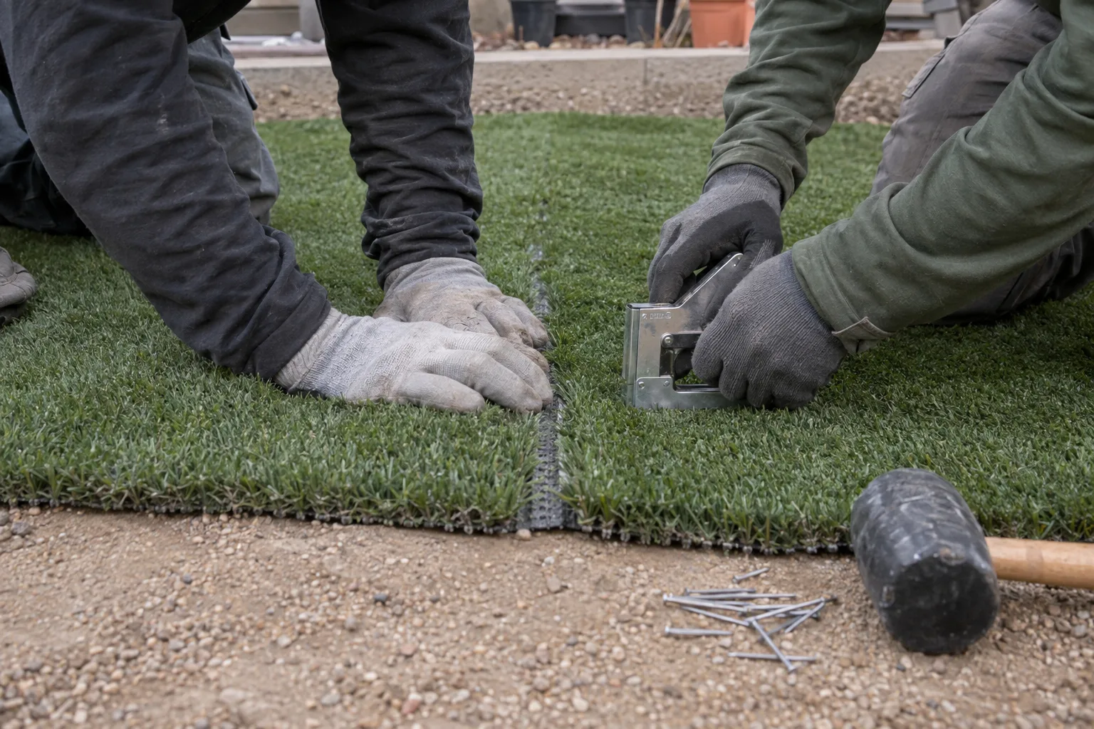 Gloved hands securing a seam between two strips of artificial turf laid over a compacted decomposed-granite base, with nails and a rubber mallet staged nearby.
