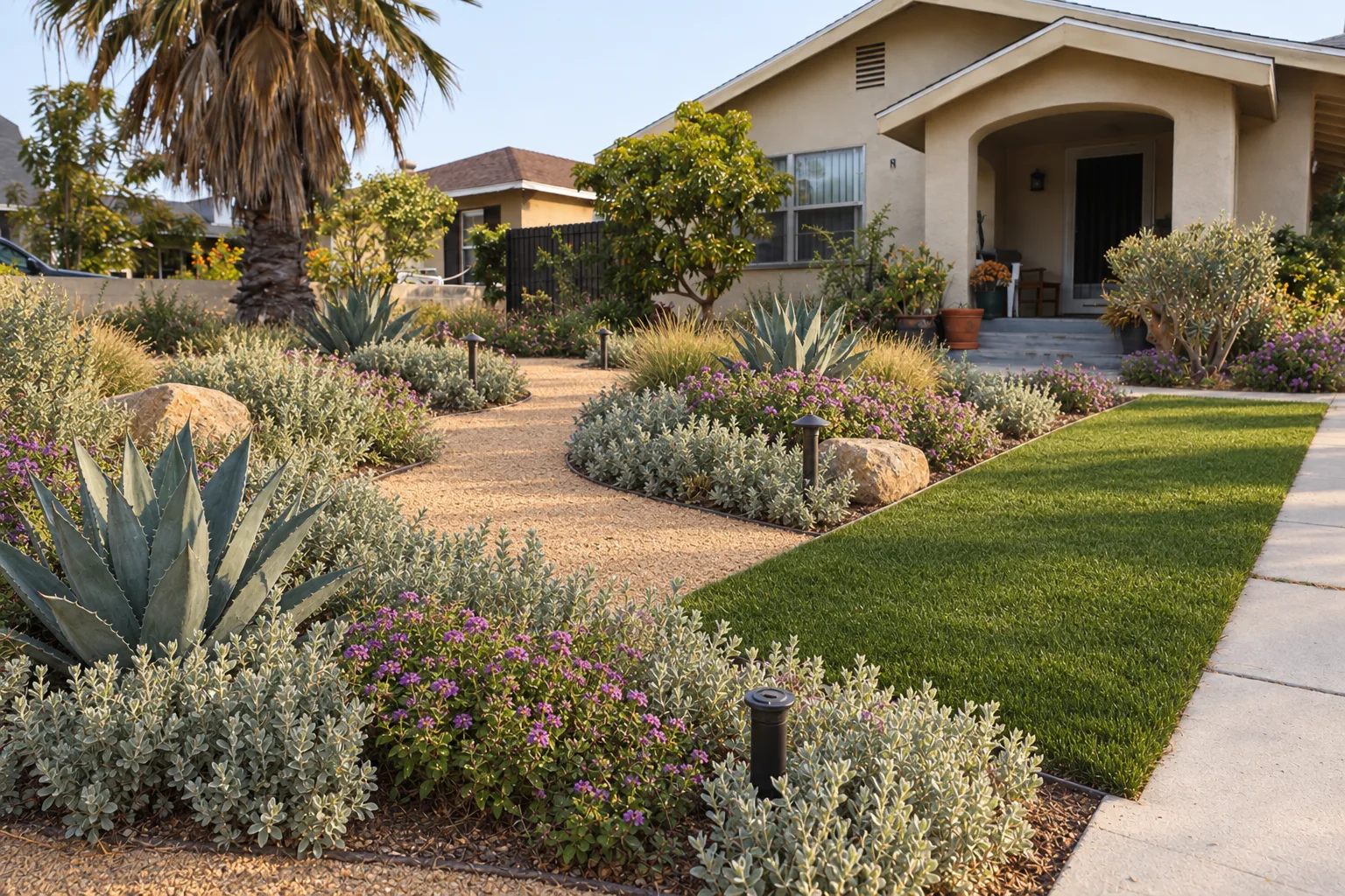 The same Los Angeles bungalow front yard transformed with drought-tolerant native plantings including agave, lantana, and salvia alongside decomposed granite paths and a strip of artificial turf, photographed in warm afternoon light