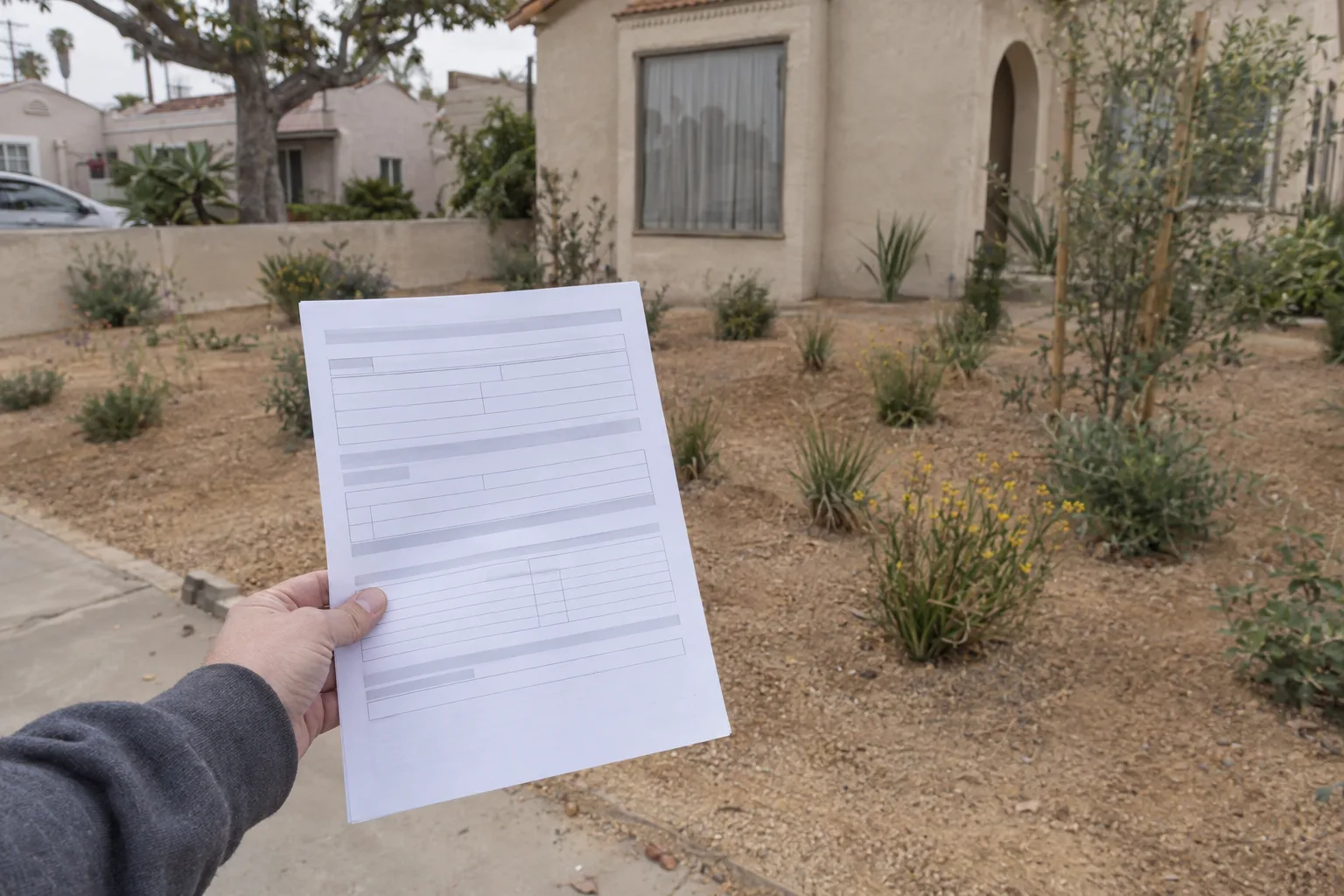 A hand holds a blank printed form over a recently converted front yard with decomposed granite and small native plants, in front of a stucco Los Angeles home under midday sun.