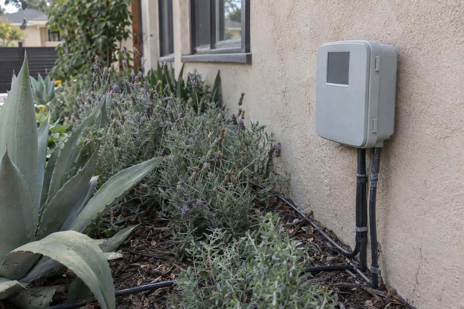 A smart irrigation controller mounted on a stucco exterior wall with drip-line tubing leading into a native planting bed of lavender and agave, photographed in warm afternoon light at a Los Angeles home.