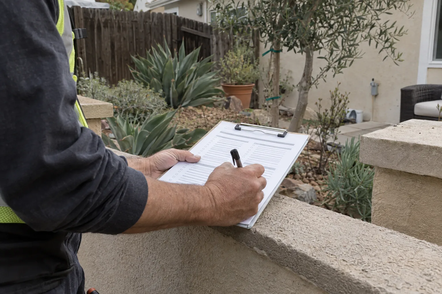 A contractor's hands holding a clipboard with an inspection checklist, resting on a stucco garden wall with blurred drought-tolerant Southern California planting in the background