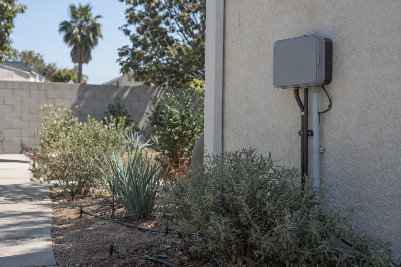 A smart irrigation controller mounted on a stucco exterior wall with drip tubing running into drought-tolerant planting beds in a sunny Los Angeles backyard