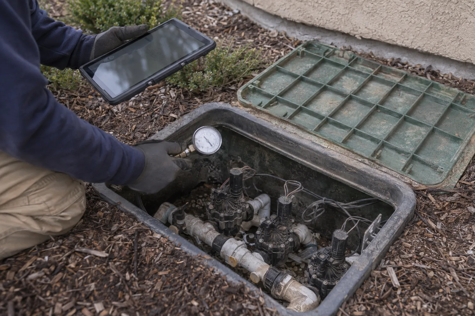 Gloved hands operating a walk-behind edger along the turf-to-concrete border of a curbed commercial walkway, with neatly trimmed grass and drought-tolerant shrubs visible in the background under soft Southern California light