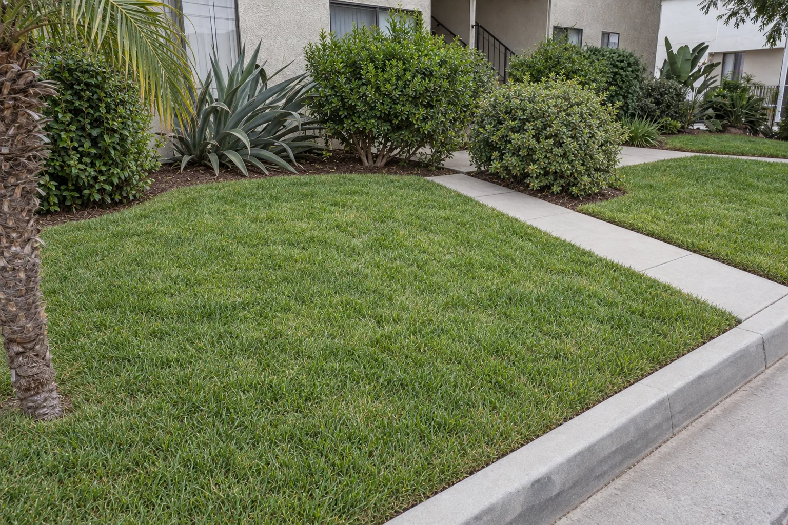Well-maintained Palos Verdes lawn showing uniformly green turf, cleanly edged borders, defined bed lines, and healthy shrubs on a sloped coastal property