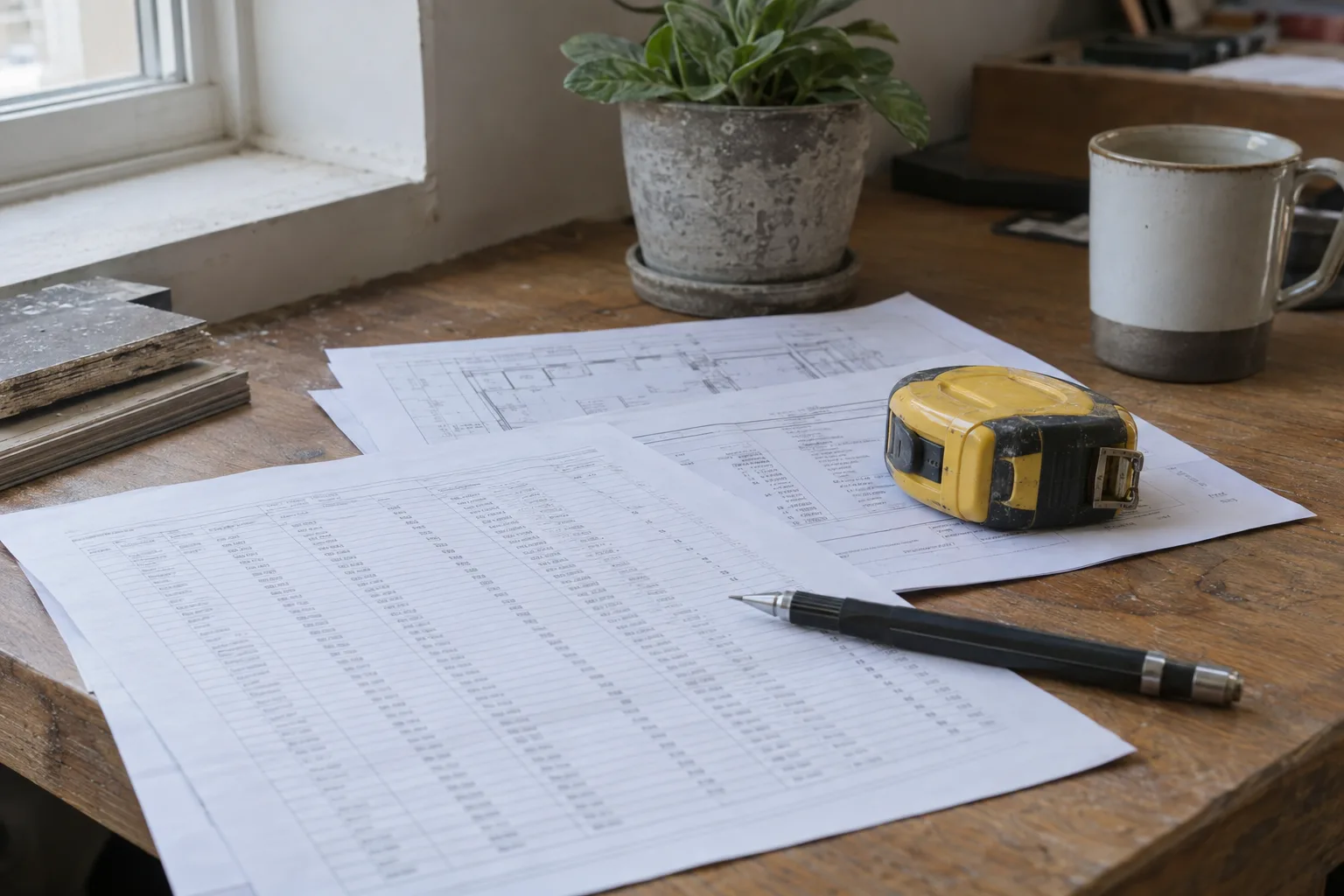 A spread of cost estimate papers, a measuring tape, and a pencil on a wooden desk beside a small succulent, lit by soft natural window light