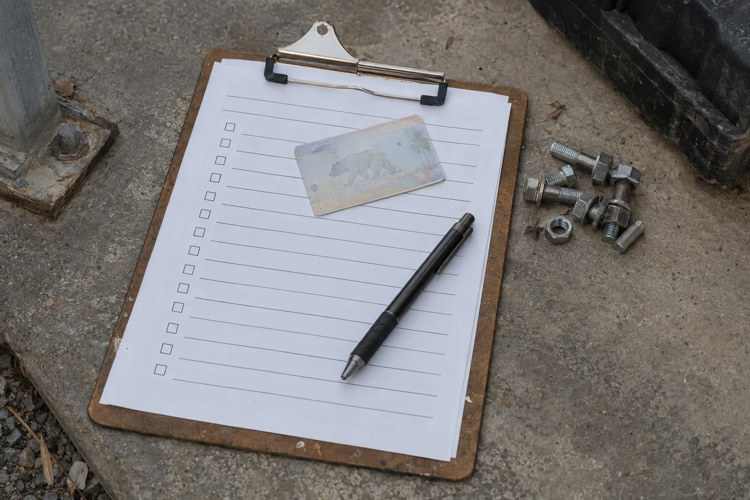 A clipboard with a blank contractor checklist, a face-down licence card, and a pen resting on a concrete surface with small hardware nearby