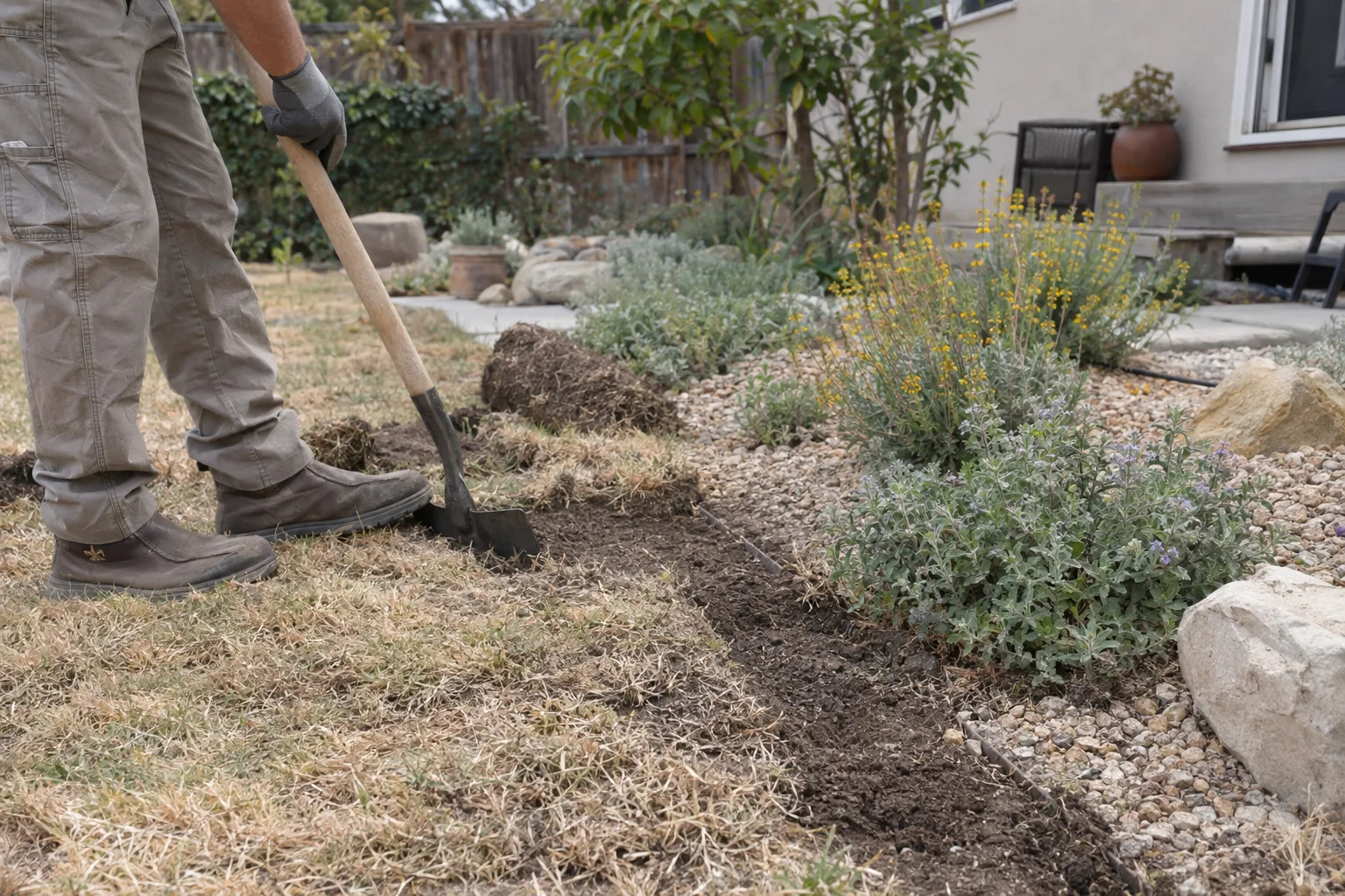 A Palos Verdes backyard mid-turf-removal showing dead lawn being removed next to a newly planted drought-tolerant native groundcover area with decomposed granite mulch