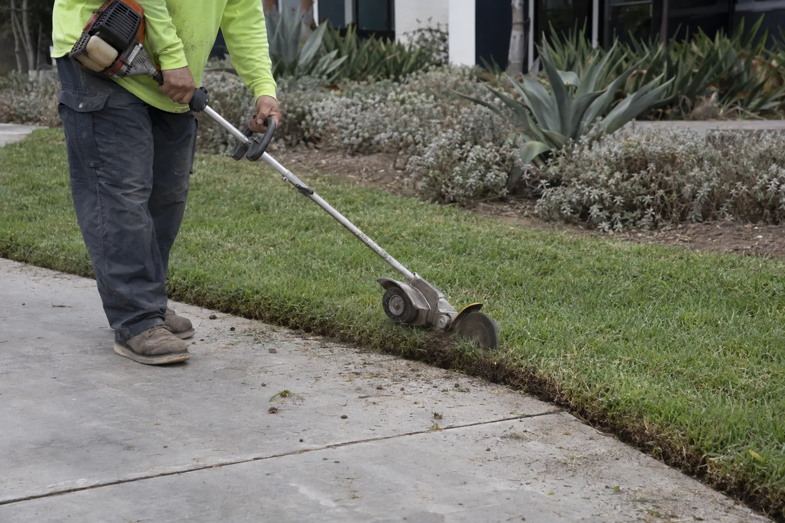A landscaper's hands operating a commercial edger along a curbed concrete walkway at a commercial property entrance, with trimmed turf and drought-tolerant shrubs in the background