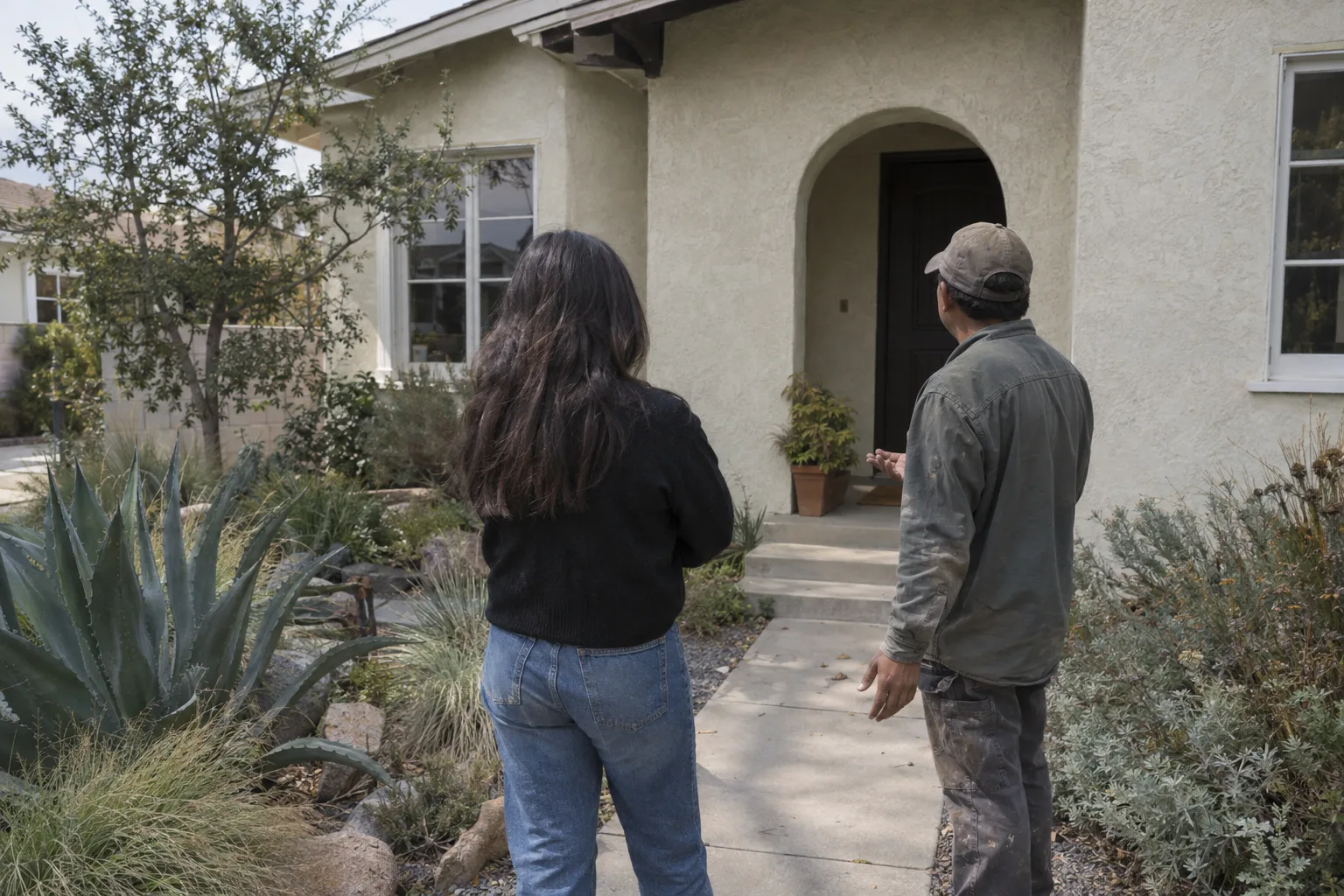 A landscaper and a homeowner stand together at the front walkway of a stucco Los Angeles bungalow surrounded by drought-tolerant plants, viewed from behind in warm morning light