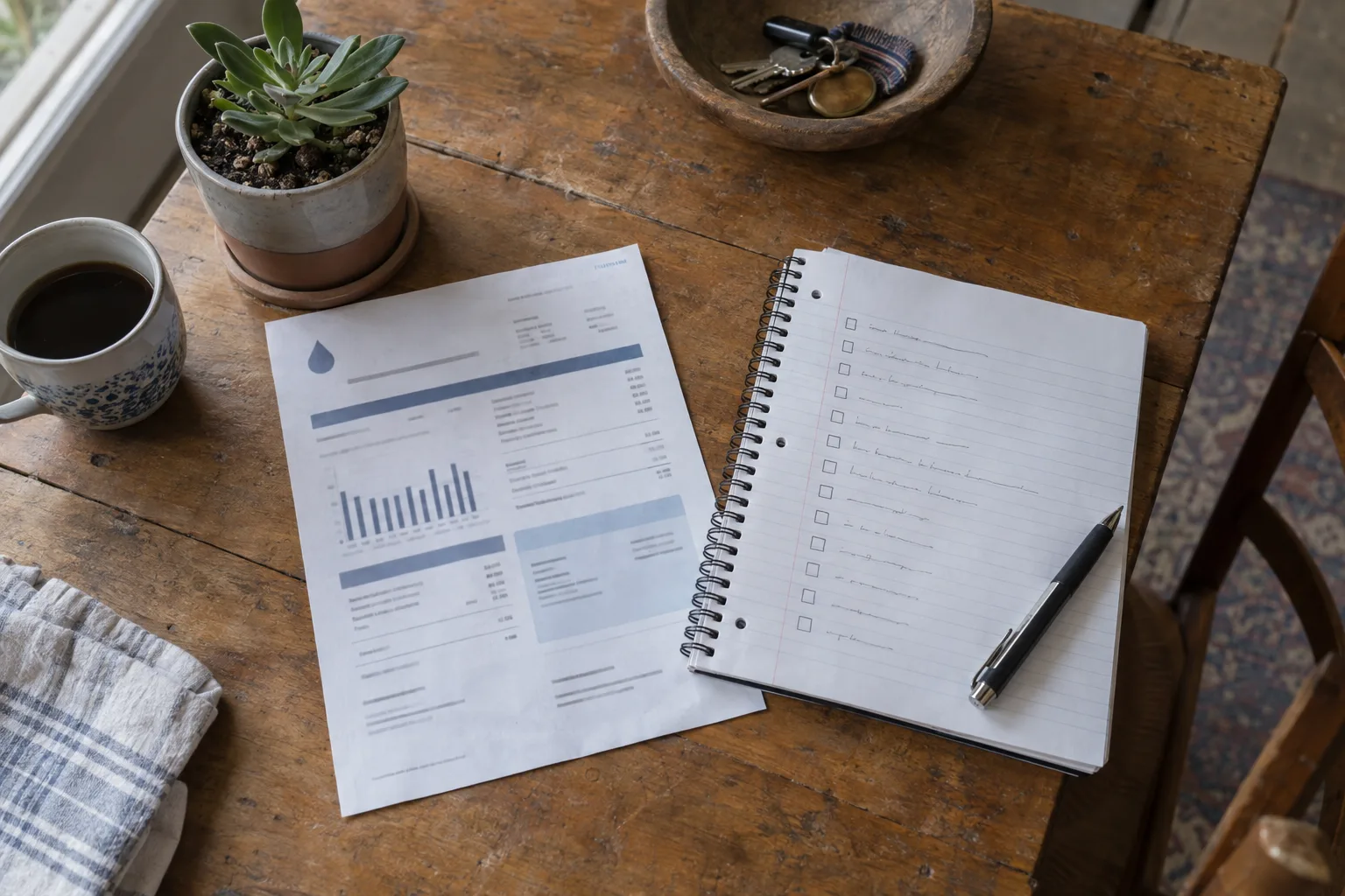 A water bill and handwritten checklist on a wooden table beside a small potted succulent and a pen, lit by soft natural window light.