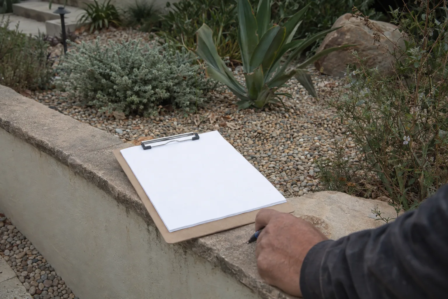 A clipboard with a blank estimate sheet resting on a low garden wall surrounded by native plants and gravel mulch in a Southern California yard, photographed in warm afternoon sunlight with soft shallow focus.