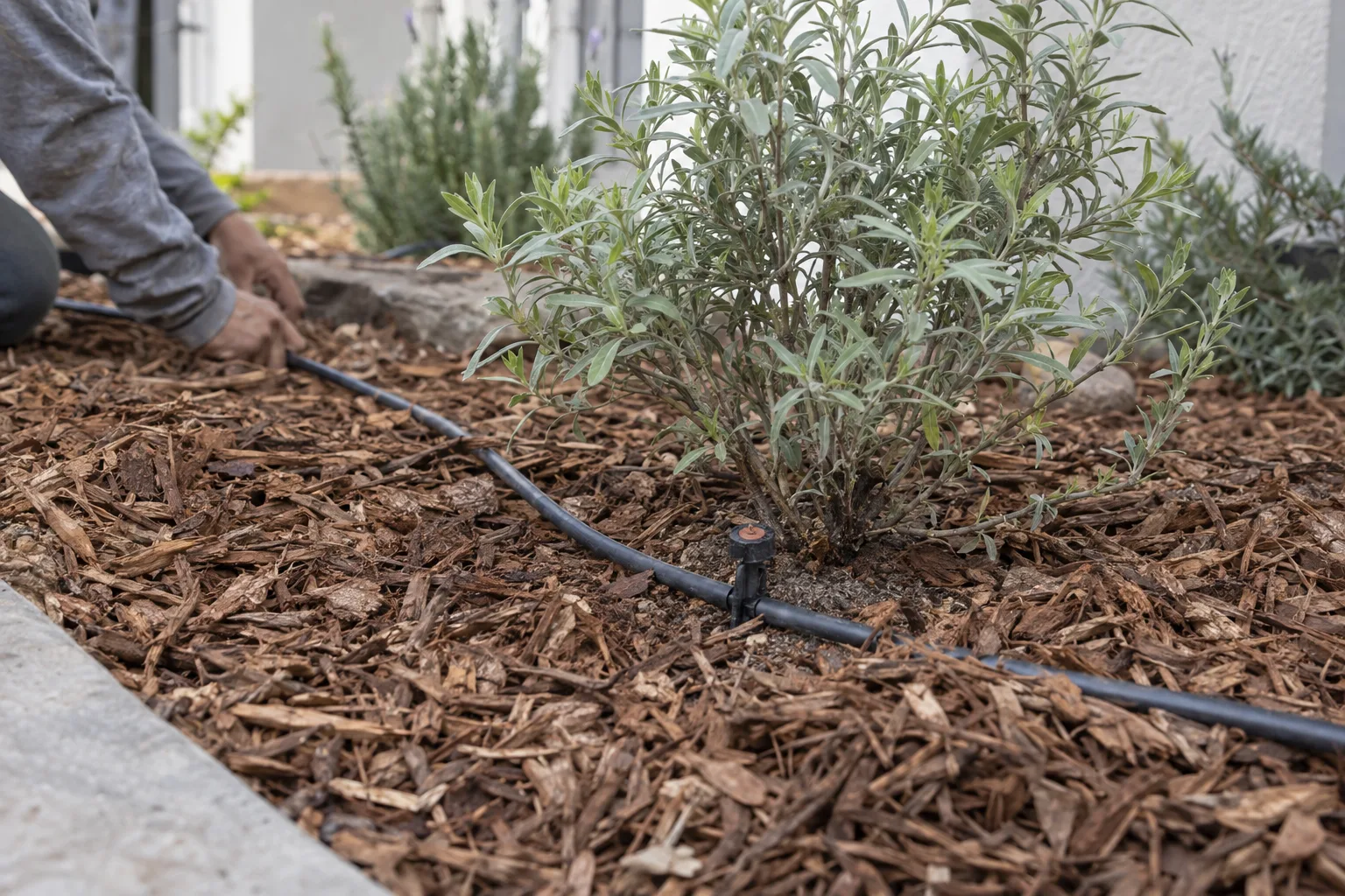 A newly planted drought-tolerant shrub surrounded by bark mulch with a drip irrigation emitter and tubing positioned at its base, photographed close up at ground level in a Southern California garden.