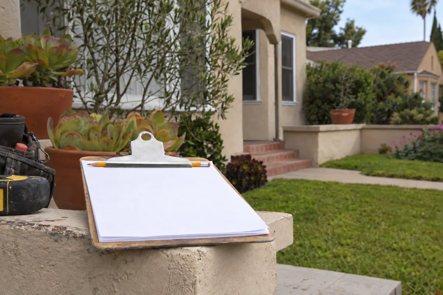 A clipboard with a handwritten estimate sheet and pencil resting on a low garden wall in a sunlit Los Angeles yard with a blurred lawn behind it