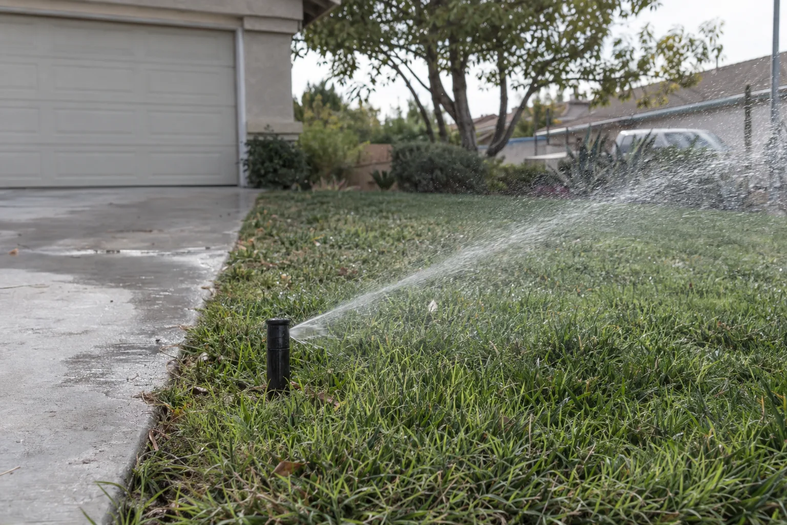A pop-up irrigation sprinkler head spraying water across a green Los Angeles front lawn in warm morning backlight with a concrete driveway edge visible alongside