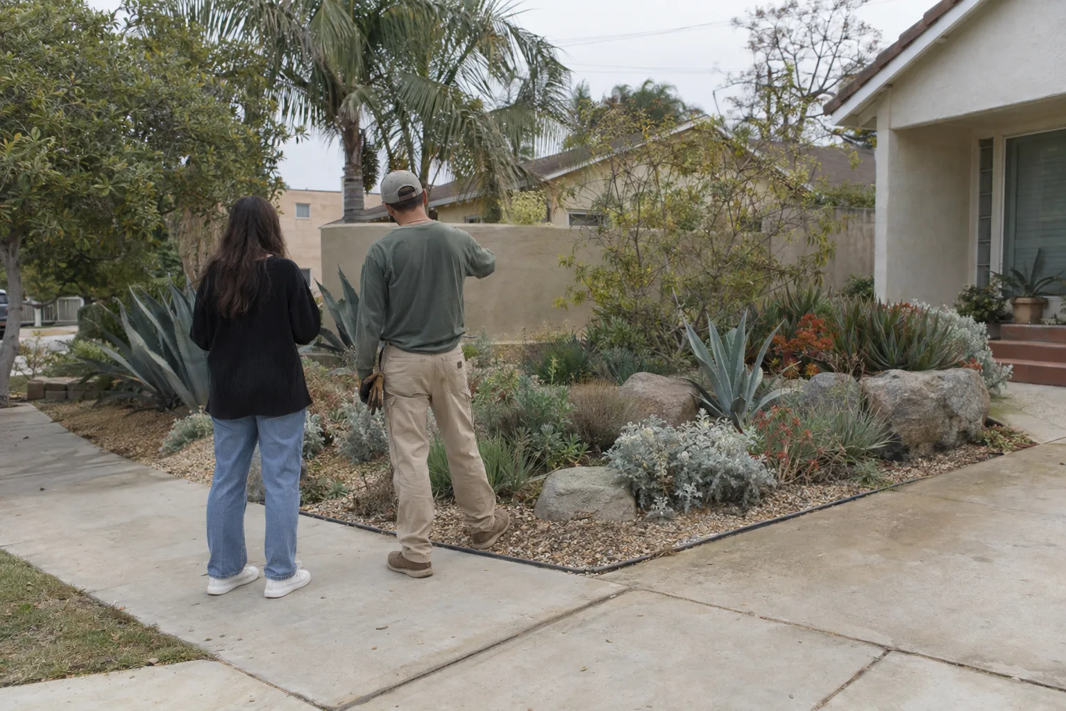 A landscaper and a homeowner stand together in a sunny Los Angeles front yard near a drought-tolerant garden border, with a stucco wall and palm fronds in the background