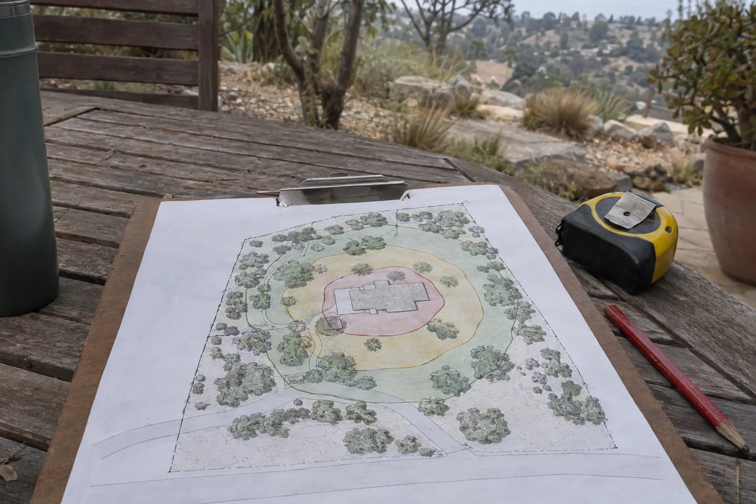 A clipboard holding a hand-sketched property zone diagram with three concentric rings, a measuring tape and pencil alongside it, resting on a wooden table with blurred dry California garden in the background