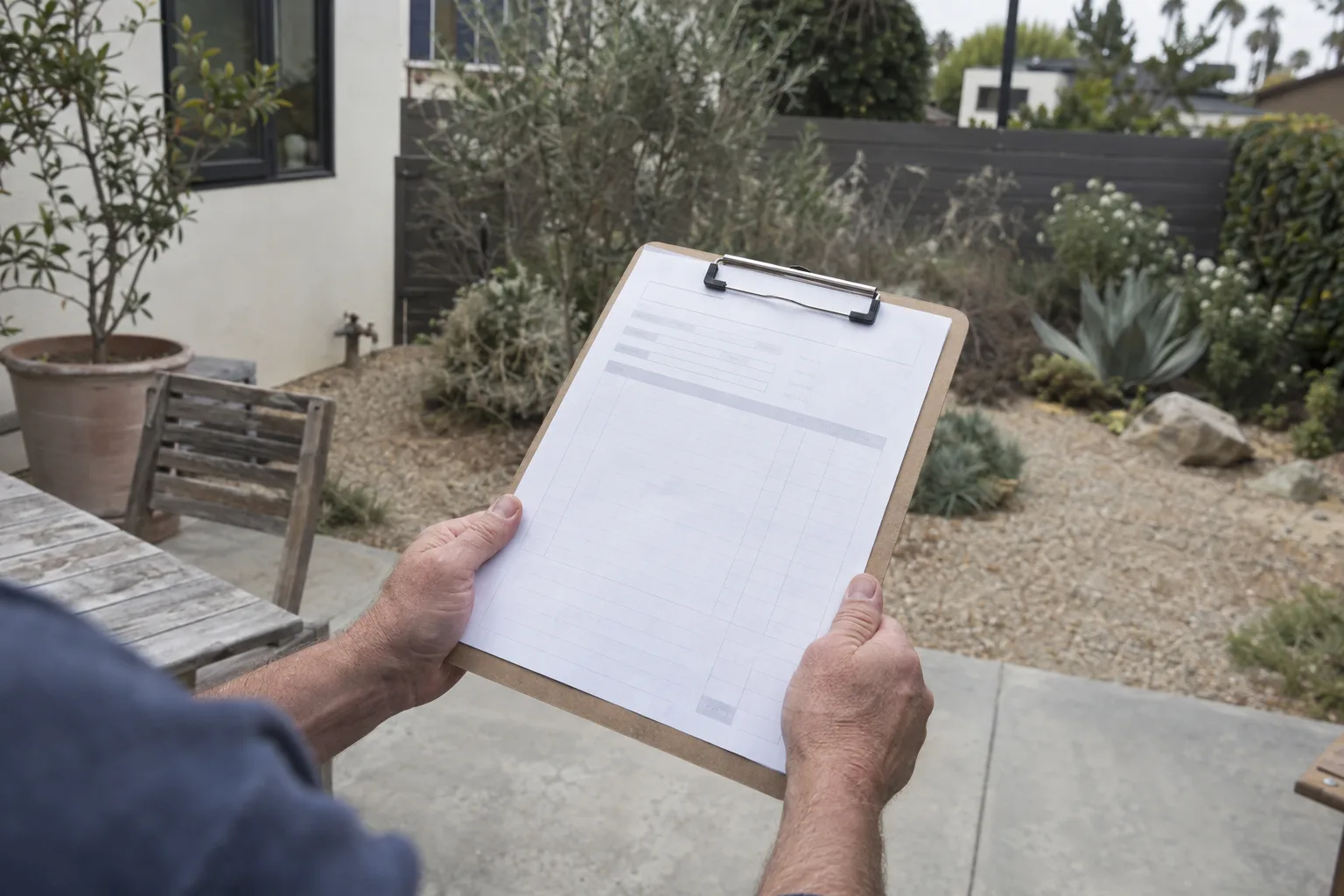 A pair of hands holding a printed estimate clipboard on a residential patio, with a blurred drought-tolerant native garden and gravel mulch in the background under bright California overcast light