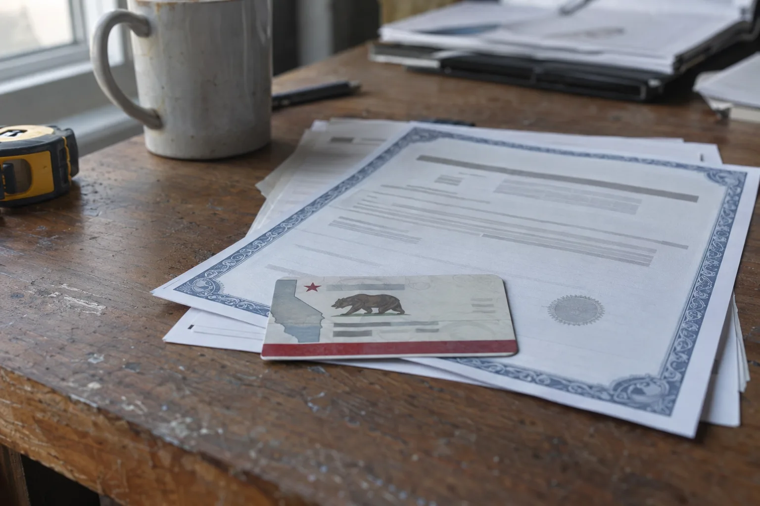 A contractor licence card and an insurance certificate fanned out on a wooden desk, lit by soft natural window light, with background blurred by shallow depth of field