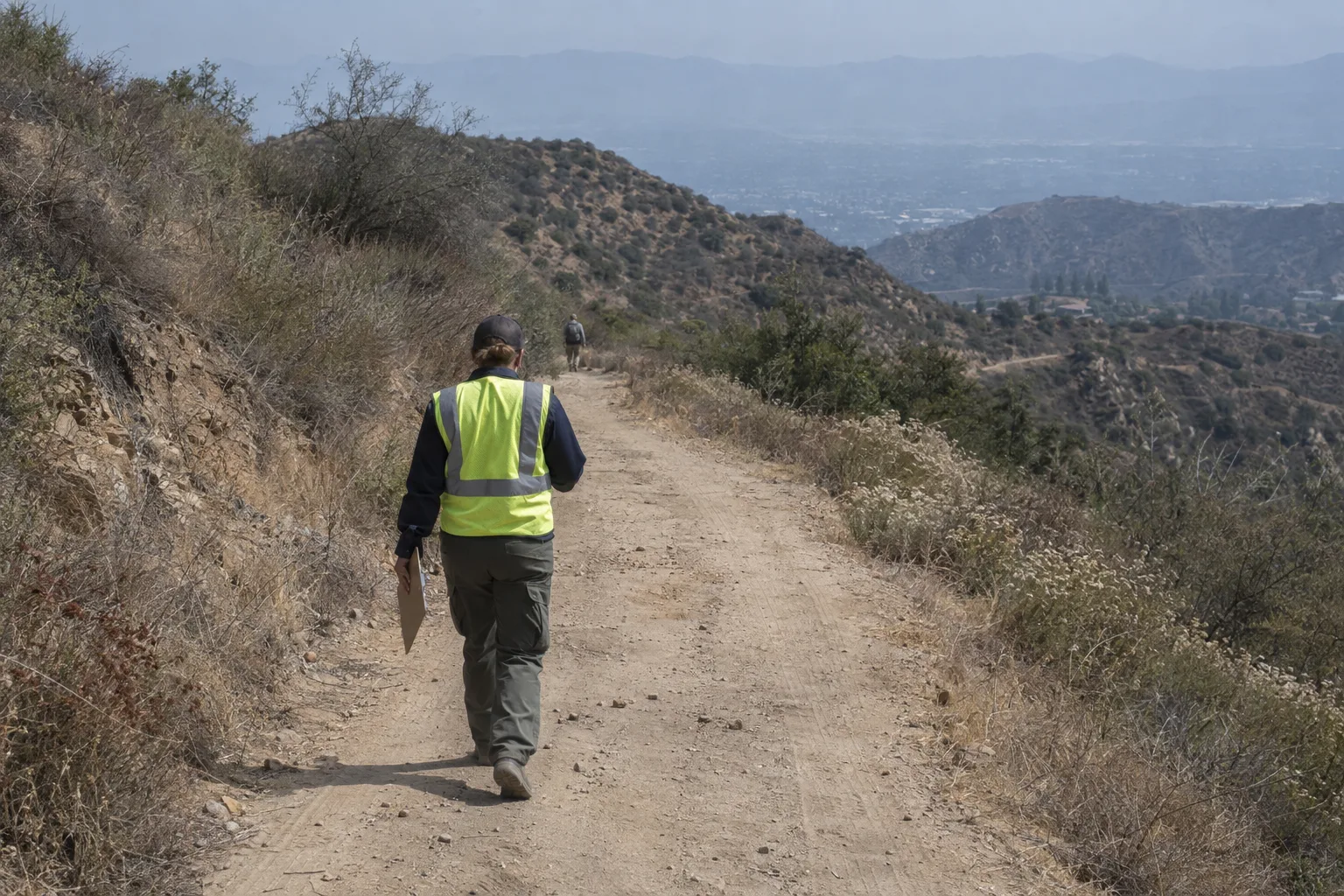 A high-visibility-vested inspector walking away from camera along a dry hillside fire road lined with chaparral and dry grass, clipboard in hand, under a harsh California morning sun