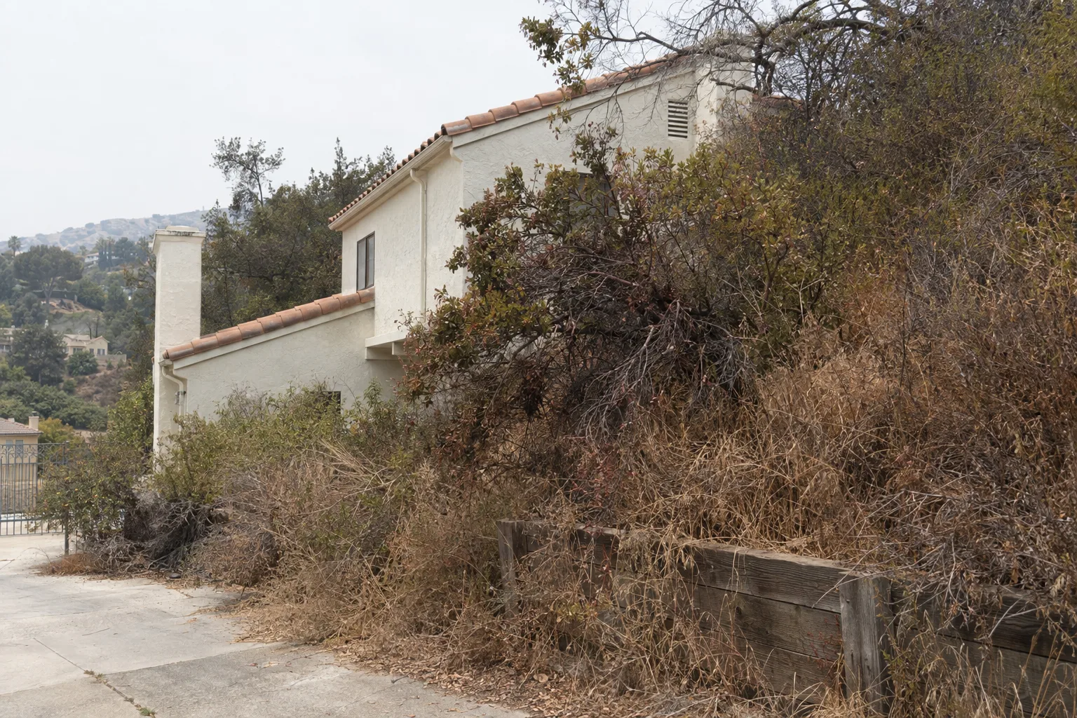 Dense dry brush and dead chaparral crowding the foundation and walls of a stucco hillside house in Los Angeles, with overgrown manzanita and dried grass pressing against the structure and wooden fence