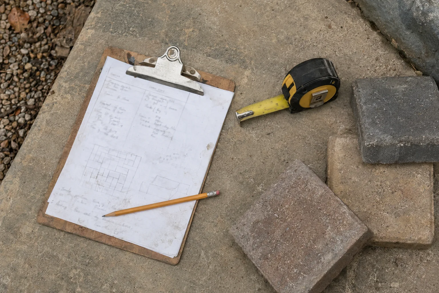 A clipboard with a blank estimate worksheet, tape measure, pencil and small paver samples arranged on a concrete surface in natural light