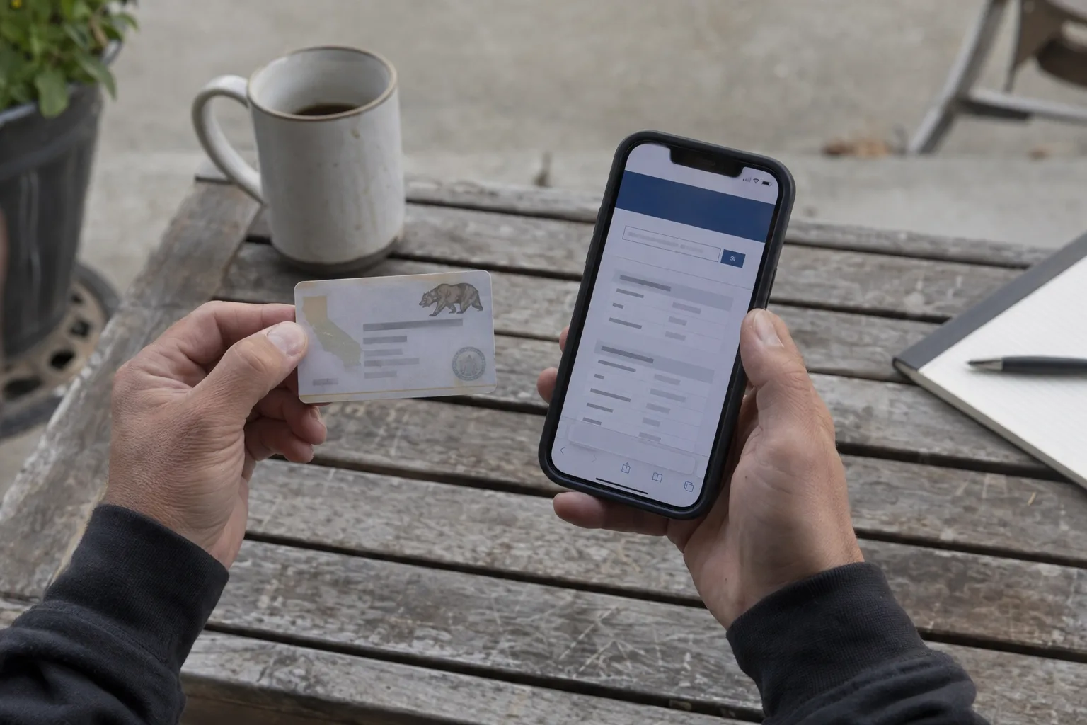 A pair of hands holding a contractor licence card next to a smartphone showing a verification screen, photographed in soft natural daylight