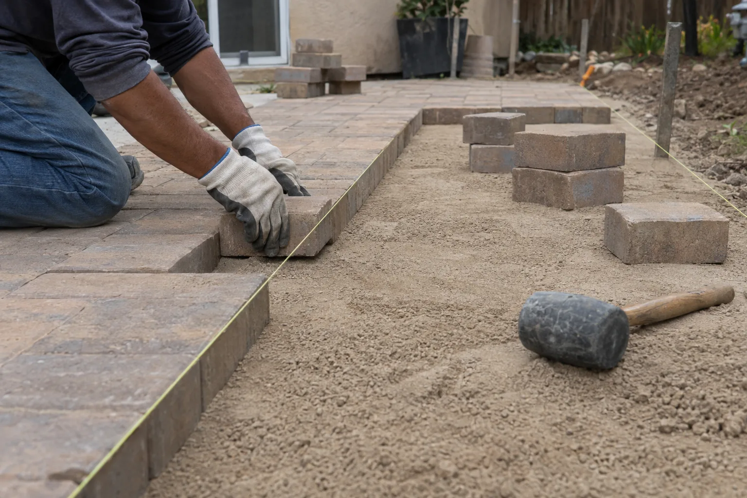 Concrete pavers being set along a string line on a sand bed during patio installation, with a rubber mallet and additional pavers staged nearby