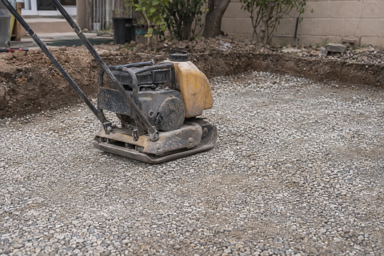 A plate compactor resting on a levelled crushed-stone subbase inside a patio excavation, showing the compacted aggregate layer before pavers are laid