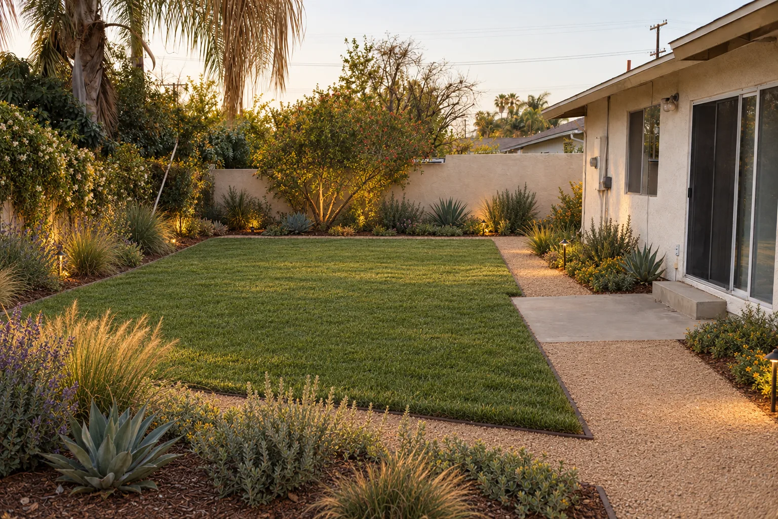 A transformed Los Angeles backyard featuring drought-tolerant native plants, clean decomposed-granite paths, neatly edged lawn, and ornamental grasses against a stucco wall, photographed in warm golden-hour light