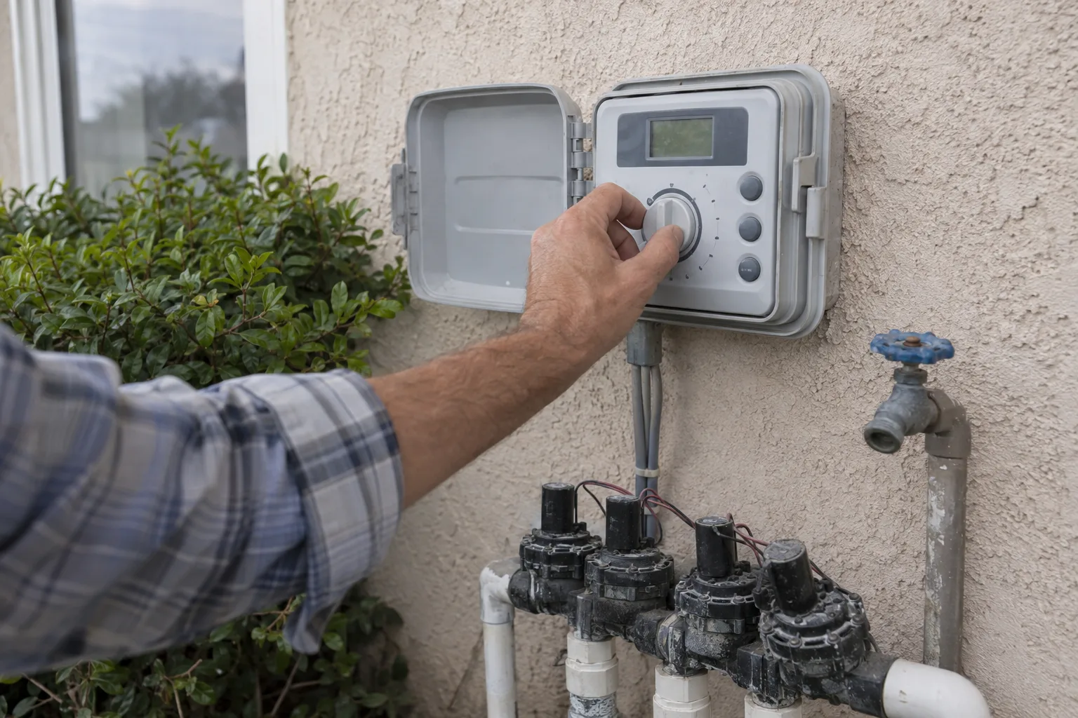 A hand adjusting a smart irrigation controller mounted on an exterior stucco wall, with a valve manifold visible below in morning sunlight