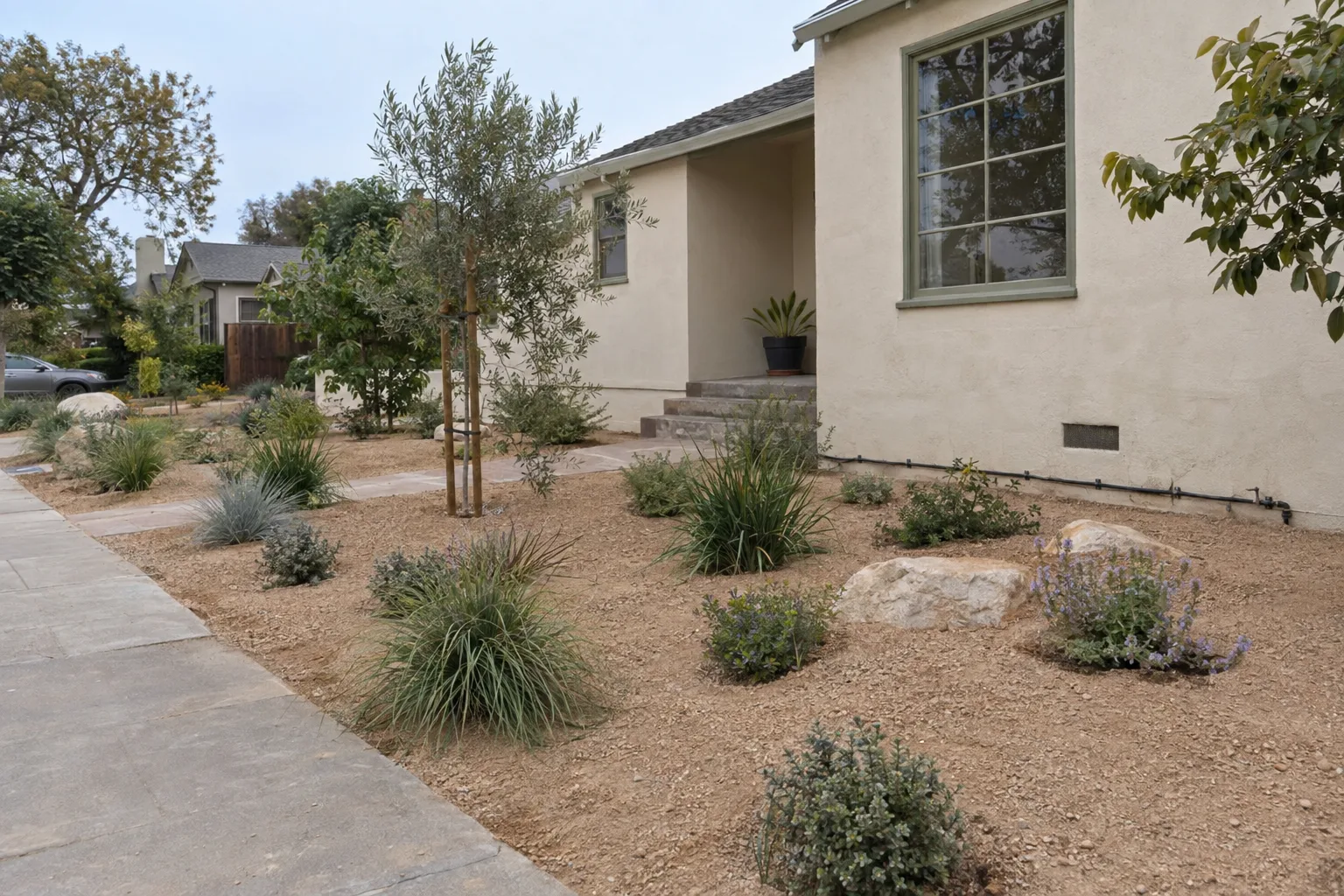 A newly planted drought-tolerant front garden in Los Angeles with decomposed granite, small native plants in fresh holes, and a drip-line header along the house foundation