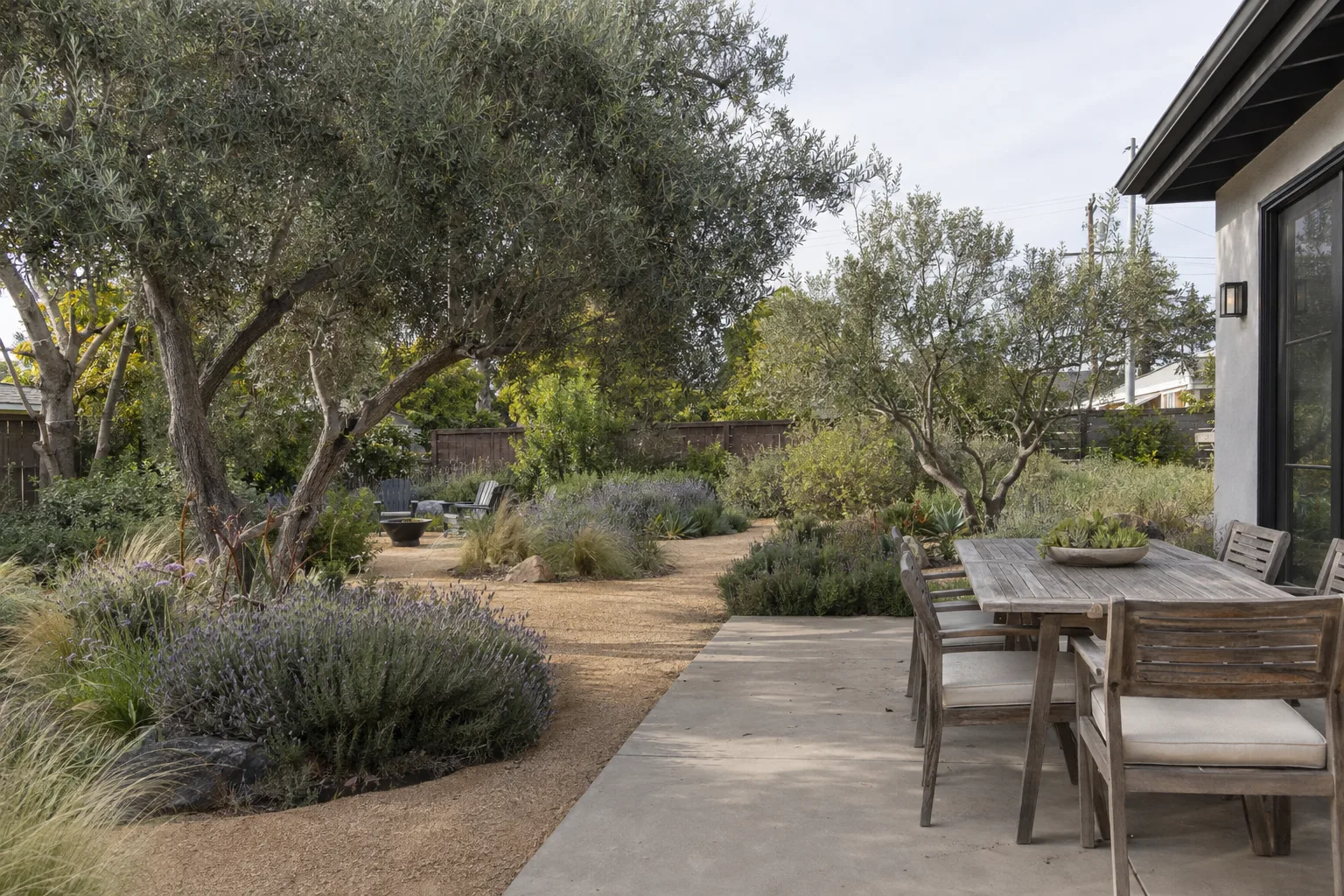 A finished Los Angeles residential backyard with drought-tolerant planting, decomposed-granite paths, ornamental grasses, and a concrete patio under warm afternoon sunlight