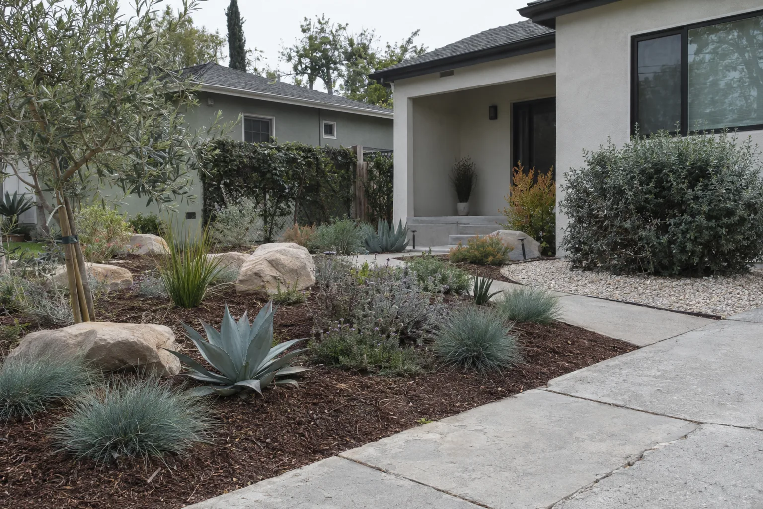 A renovated residential garden in Los Angeles with fresh mulched beds, placed boulders, and new drought-tolerant plantings replacing an old lawn