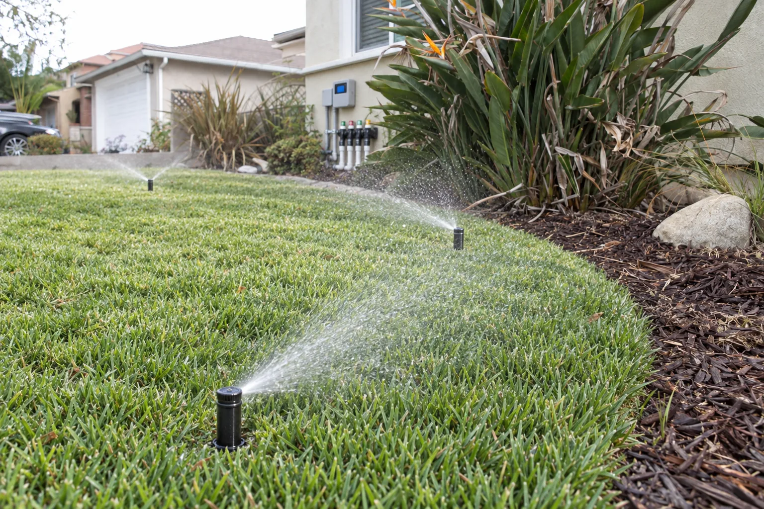A newly installed front-yard irrigation system in an LA residential yard, showing evenly spaced upright pop-up spray heads in healthy green lawn, a neat PVC zone-valve manifold on a stucco wall, and a smart irrigation controller mounted beside it