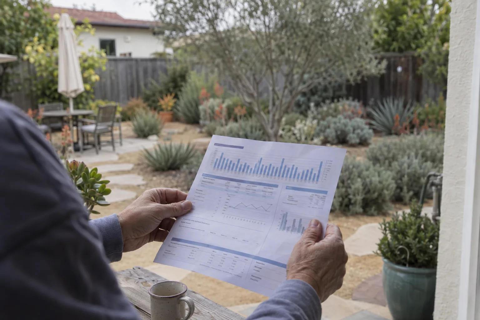 Hands holding a household water bill with usage graphs, with a blurred drought-tolerant Southern California backyard visible in the background