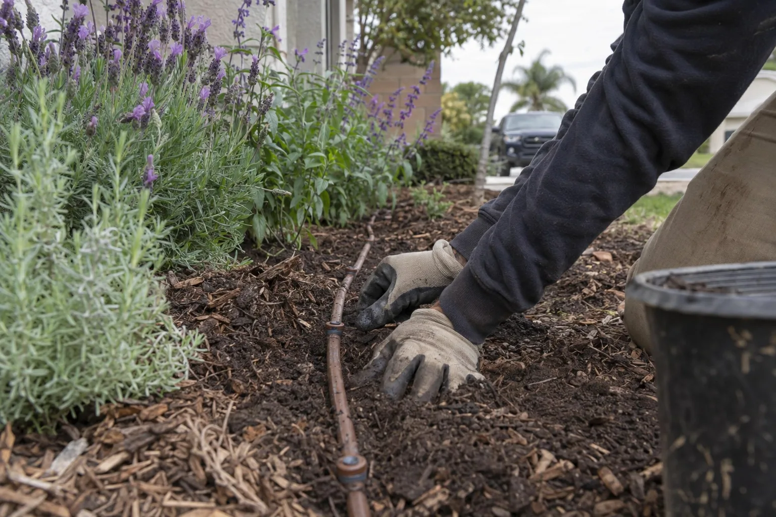 Drip irrigation tubing laid through a mulched planting bed between lavender and salvia, with emitters spaced along the line and soil partially raked back