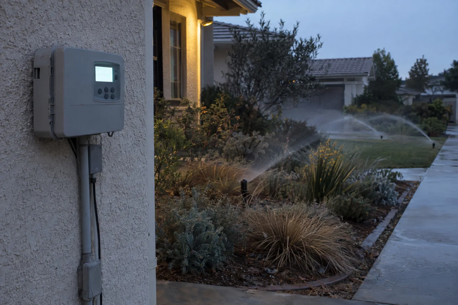 A smart irrigation controller mounted on a stucco wall at dawn, with sprinkler heads watering a drought-tolerant Los Angeles front yard in the early morning mist
