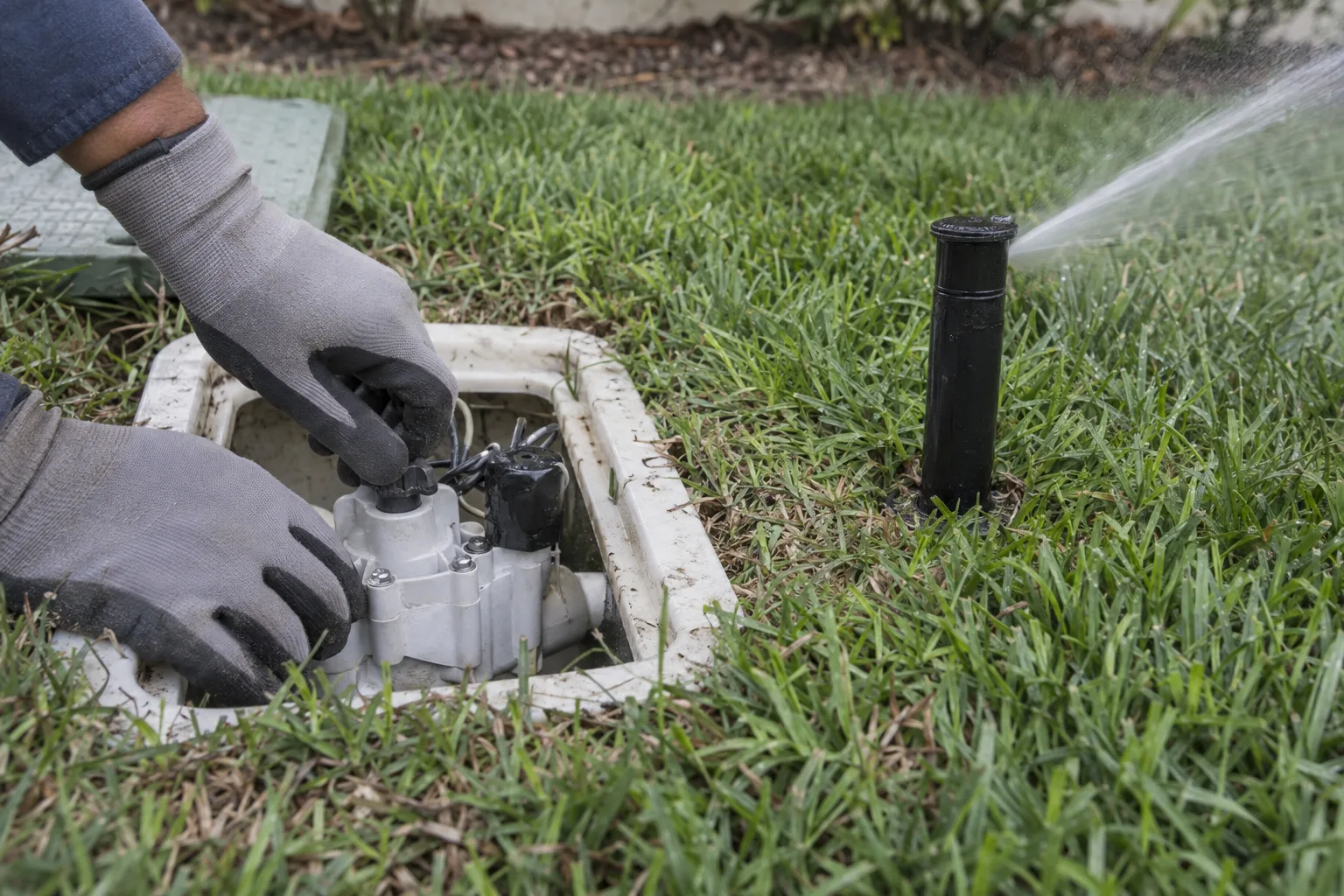 Gloved hands adjusting a valve in an in-ground irrigation valve box while a pop-up sprinkler head sprays water in an active zone nearby