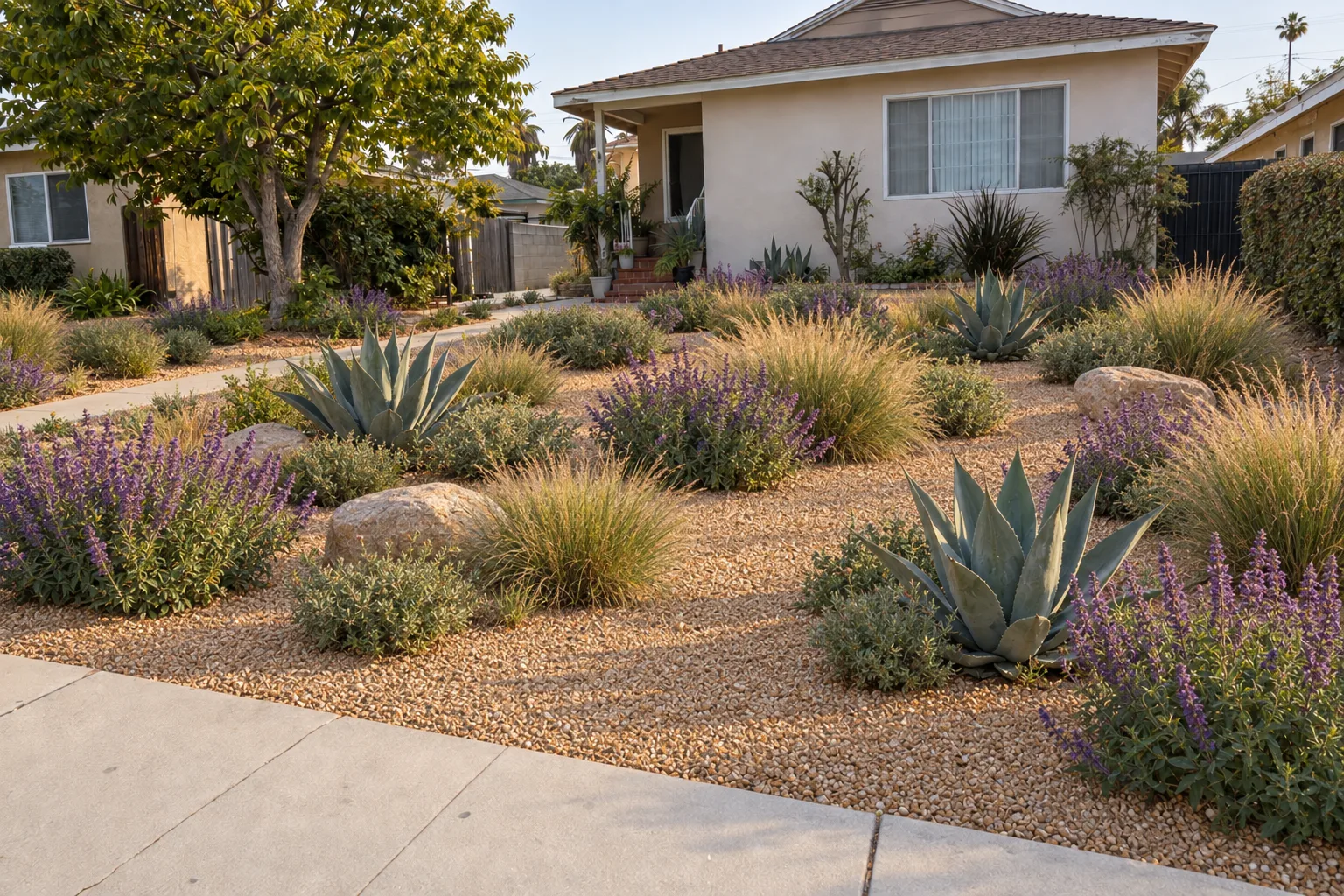 The same Los Angeles front yard after turf removal, now planted with drought-tolerant natives including salvia, agave and bunch grasses over decomposed granite, photographed from the same sidewalk angle in warm afternoon light