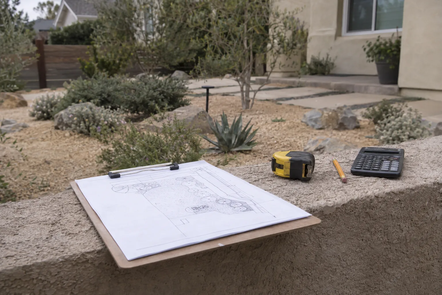 A clipboard holding a hand-drawn garden measurement diagram resting on a low stucco wall, with a tape measure and calculator alongside it and a drought-tolerant Los Angeles yard visible in the background.
