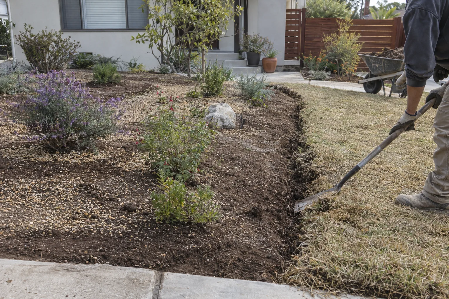 A front yard in Los Angeles with half the lawn removed, exposing bare soil, while drought-tolerant native plants and decomposed granite are being installed in the cleared section, the remaining turf visible on the other half.